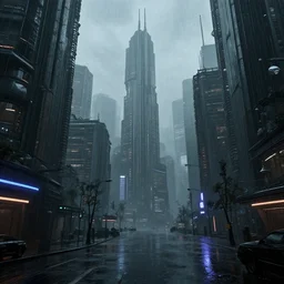dystopian cyberpunk city, rainy environment, ray tracing, render, artstation, photorealistic