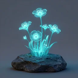 a bunch of bioluminescent flowers on a rock, a digital art by benoit b. mandelbrot and peter mohrbach and mark keathley, polycount contest winner, generative art, rendered in unreal engine, octane render, rendered in maya