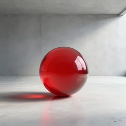 3D model of A red glass orb sitting in the middle of an empty concrete room, brightly lit, 4k, ultra HD, Octane 3d render