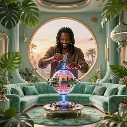 very very beautiful portrait of a jamaican man with dreadlocks repairing a toroidal energy device, floating in zero gravity, in a comfy mint green velvet loungeroom,  solarpunk,  detailed realistic smiling faces, surrounded by advanced elegant factory machinery, monstera deliciosa, biomechanical, symmetrical, sunrise, golden ratio, elegant, elite, lush, atmospheric, volumetric lighting, haunting, wide angle, cinematic, trending on artstation, unreal engine, 8k, vivid and vibrant