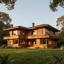 Peaceful wooden mansion, zillow golden hour, unreal engine 5 tech demo, Frank Lloyd Wright,