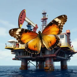 a huge luminous butterfly stops on the oil platform, by craig mullins