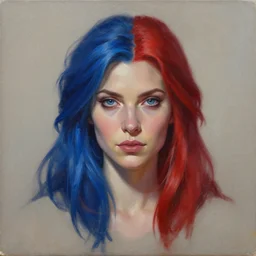 A detailed matte oil on canvas head on symmetrical portrait of a beautiful distinguished elven woman with red and blue hair on an empty background,  by Charlie bowater, Wlop, trending on artstationhd,  dungeons and dragons art, parted hair ,  half blue,  half red , split dye, critical role