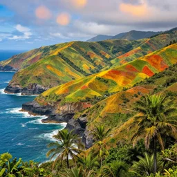 photorealistic breathtaking nature landscape, vivid coloes, hills, ocean, cliffs, palm trees james gurney, dan luvisi,Petros Afshar,tim hildebrandt,liam wong,thomas kinkade,ernst haeckel,dan mumford,trending on artstation, WLOP ,cgsociety by Gediminas Pranckevicius, trending on cgsociety, James R. Eads, bokeh, fractal Thunder dan mumford