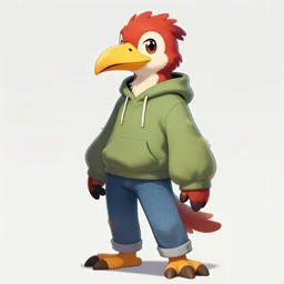 humanoid furry! anthro avian!!! fursona, bird!!! digital art! trending on artstation! subject wearing hoodie and jeans!! subject is female!! big beak!!!