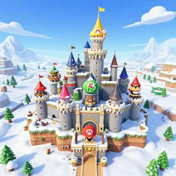 3D Mario 64 castle aerial view, 4k, a little snow