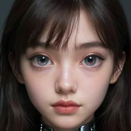 a cyborg girl with huge shiny spherical eyes like glass spheres, looking straight at the camera. close-up, 12mm wide-angle, kodachrome, studio lighting
