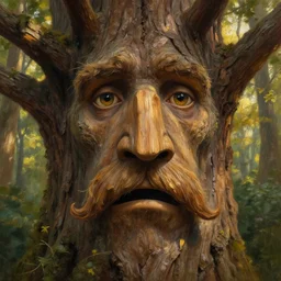 a talking oak tree, a face in the bark, mouth in the bark, nose made of wood, eyes in the bark, fantasy concept art, big moustache, digital painting, oil painting, hyperrealistic, beautiful, treebeard, ent, highly detailed, soft lighting, golden sunlight, very detailed eyes, artstation, cgsociety, in the forest, by alan lee, by artgerm