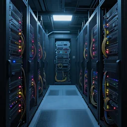 a fascinating digital illustration of the inside of a server room, racks and racks of servers are everywhere, the cable management is terrible, led lights, multicolored, pbr, path tracing, scary lighting