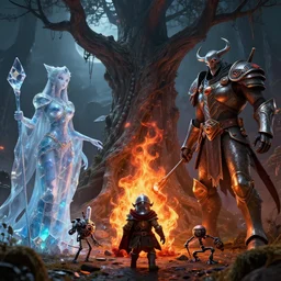by par olofsson and wayne barlowe, visually stunning, cinematic, ultra realistic, hyper realism, 1 2 k, epic, octane render, unreal engine, vfx, maya, tiny knight of evil, crystalline oracle, spiritspeaker azun, felfire potion, the halloween tree, microbot, sunfury protector, patches the pirate