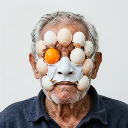 an elderly man wearing a mask made from eggs, bold natural colors, national geographic photography, masterpiece, 8 k, raw, unedited, symmetrical balance