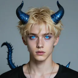 a blond young man with luminescent glittering blue eyes and demon horns and a spiked tail. By Steven Belledin