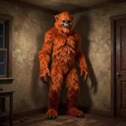 a tall and scary creature covered in orange fur standing in the corner of a room, eerie, dslr photography, scary, vintage, digital art, 3 d render, octane, night - time, corona render