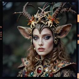 kodak portra 4 0 0, wetplate, photo of a lucifer, weird fashion, in the nature, highly detailed face, very beautiful model, portrait, close up, extravagant dress, carneval, animal, wtf, photographed by paolo roversi style and julia hetta