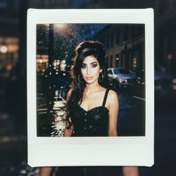 a polaroid of amy winehouse in the east village at night, raining!