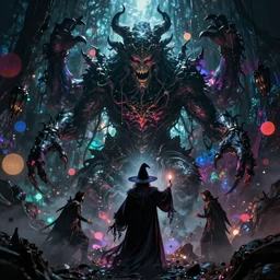 evil witch summoning a monstrous horror from the abyss 4 k high definition artstation trending path traced contrast light and dark colorful bokeh massive scale cinematic breathtaking lovecraftian horror fantasy, art by wlop, mars ravelo and greg rutkowski