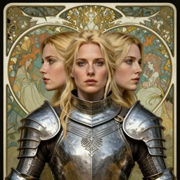 masterpiece head-on symmetrical centered portrait, Imogen Poots and Elisha Cuthbert as a D&D paladin, Elden Ring style, wearing steel plate armour over chest, blonde hair, masterpiece art nouveau background, elegant, Pre raphaelite art style, in the style of Edgar Maxence and Ross Tran and Zdzisław Beksiński and Gustave Doré and H.R. Giger and Mucha, specular highlights, 8k, octane render