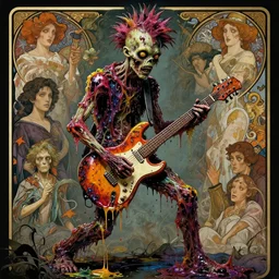 beautiful 3 5 mm photograph of a slimy rotting punk zombie playing guitar covered in colorful wet goop, dripping with colorful liquid, stephen bliss, greg rutkowski, loish, rhads, beeple, makoto shinkai and lois van baarle, ilya kuvshinov, rossdraws, tom bagshaw, alphonse mucha, detailed and intricate intricate details, dark ambient, movie poster, poster, horror, elegant