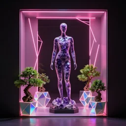 beautiful mannequin sculpted out of amethyst by billelis + lit with geometric neon + iridescent geometric cubed bonsai plants!!!!, doorway opening with neon pink geometric light, clean linework, dramatic, finely detailed, rule of thirds, moody, confident, award winning, 4 k, trending on artstation, photorealistic, volumetric lighting, octane render