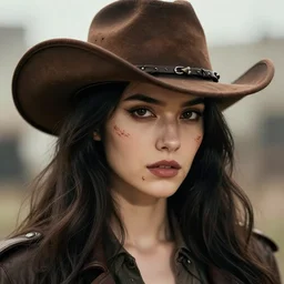 portrait of a young woman, long dark hair and an angular face with a scar across the chin. cowboy hat, daring and bold, con - artist and spy, beautiful, rpg, dnd, artgerm