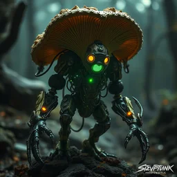 biomechanical tremella - fuciformis robot, mechanical enhancements, fungipunk, hostile, otherworldly, powerful, cyberpunk, epic, cinematic