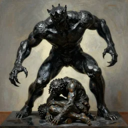 rhythmic by max dupain, by paula modersohn - becker. a kinetic sculpture of a large, black - clad figure of the king looming over a small, defenseless figure huddled at his feet. the king's face is hidden in shadow. menacing stance, large, sharp claws, dangerous & powerful creature.
