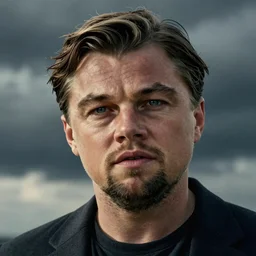 close - up portrait of leonardo dicaprio in don't look up, octane render, redshift, smooth, photographic, drammatic lighting, dark clouds in the background, by dmitry prozorov, loish, and wlop, trending on artstation