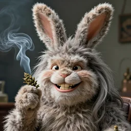 hyper realistic, portrait of a derpy big chungus, with bunny ears, very fuzzy, furry, dr. seuss, long hair, smoking weed, big smile, buck teeth, soft lighting, by greg rutkowski, scott m fischer, artgerm, loish, slight glow, atmospheric, anne stokes, alexandros pyromallis, 4 k, 8 k