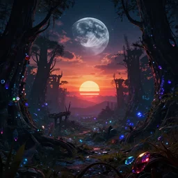 reclaimed by nature by moon hoon, assassin's creed fisheye neon noir sunset synthwave lightpaint darkacademia forest magic realism cgsociety sunlight alien desert retro galactic nightvision evil nature partly cloudy night morning sun myst gem tokyo at dawn wilderness at dusk, archdaily, wallpaper, highly detailed, trending on artstation.
