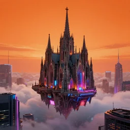 a modern gothic cathedral floating on the clouds above a modern city by josan gonzalez and simon stalenhag, cyberpunk, vibrant, neon signs, high contrast, orange lit sky