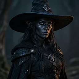 a female drow elf, jet - black skin, serious face, wearing a witch hat, hunter, medieval, style by donato giancola, wayne reynolds, jeff easley dramatic light, high detail, cinematic lighting, artstation, dungeons and dragons