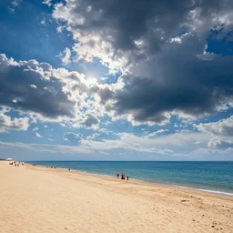 landscape, long sandy beach, people, blue sea and sky, clouds, sea birds, beach parasols
