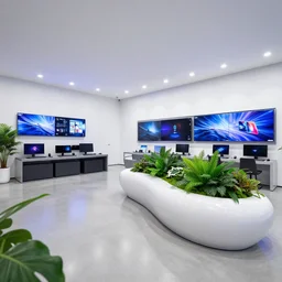 hyperdetailed gamer samsung store, polished concrete, white walls, digital screens, curved furniture, lush plants.