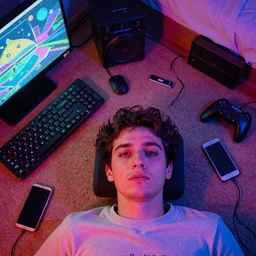 close up aerial view portrait of a guy laying on the floor of his bedroom looking at the camera, synthwave colors, computer, cell phone, video games, tv, knick knacks, synthwave colors, 8K