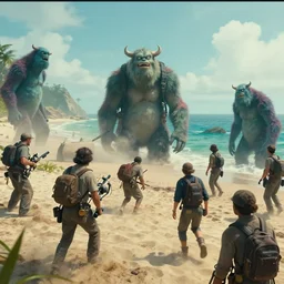 archival footage of beach landing with monsters defending, cinematic trending on art station