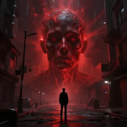 dark matter red infernal world future alone man going limbo hyper reflection in the horror them open street schizophrenia and stratification of consciousness mind man poster highly detailed full HD 8K resolution