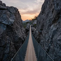 narrow suspension bridge between rocks in the mountains in sunset, photo by Jamie Justus Out,