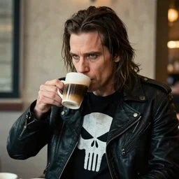 Till Lindemann as The Punisher sipping coffee