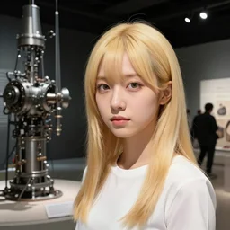 japanese blonde curator, night, museum, 4 k, ultra realistic, beautiful eyes, epic lighting, machines, high detail, masterpiece, trending on artstation by artgerm and akihito tsukushi and alphonse mucha, crayons