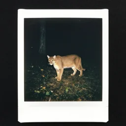 cougar in forest at night, shot from drone, grainy, polaroid