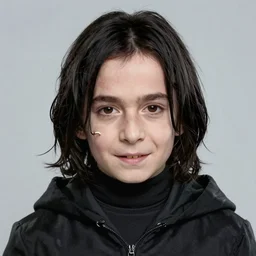 portrait of a 3 2 - year - old man wearing black clothes, snape severus, with black, greasy, mid - length hair, hooked nose, dark brown eyes, yellow uneven teeth, hyper realistic face, beautiful eyes, fantasy art, in the style of greg rutkowski, intricate, hyper detailed, smooth