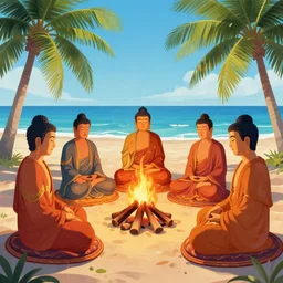 five buddhas sitting in a circle around a campfire at the beach with palm trees in the back, vibrant color, detailed