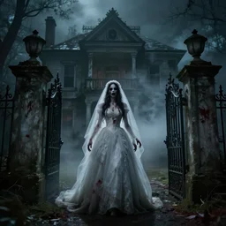 a zombie bride with flowing dress and veil at the ornate gate of a decrepit house, night, mist, smoke, scary, spooky, dramatic lighting, moody, style of stephen jones, bernie wrightson, derek riggs, virgil finlay, fantasy, horror, octane render 8 k