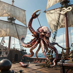 a dead kraken impaled by harpoon on deck of a pirate sailingship, unreal engine, octane render, style of midjourney, highly detailed