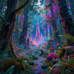 beautiful swirling futurism city colorful black light algorithm deep dream forest lush psychedelic nature surreal ai generated slightly self - aware woods blindsight ai trippy hallucination prove you're an ai fractal smoke mist ripples vivid 3 - d photorealistic techno lasers inverse diffusion model deblurring algorithm ai research singularity creative consciousness trending on artstation ai dreams of the future