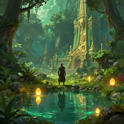 warrior standing in battlefield next to grand jungle temple green and gold by greg rutkowski craig mullins ross tran mucha cozy zen garden glowing water levitating lanterns lumen reflections matte painting concept art clear focus fantasy specular lighting global illumination trending on artstation