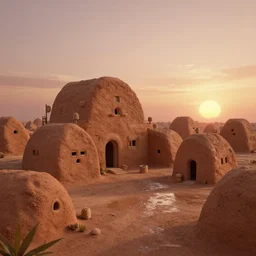 houses made of clay, digital art, octane render, blender, artstation, vaponpunk, sunset, 8k, soft light, ray tracing, wet ground