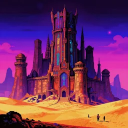 the last tower in an ancient desert looms over the small people who dwell outside of it's shaded walls. an image of the future ever receding from the clutches of greed. vivid neon art deco romanticism landscape, epic grimdark fantasy composition. harsh linework. by dan mumford, by thomas cole. vaporwave 1 6 bit snes pixel art