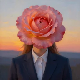 closeup, big rose flower over head, frontal, girl in a suit, surreal photography, sunrise, dramatic light, impressionist painting, digital painting, artstation, simon stalenhag