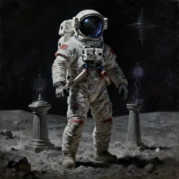 full-body dark creepy baroque style oil painting realism textured a headless astronaut on the moon with futuristic elements. no head, empty helmet occult symbolism headless full-length view. standing on ancient altar eldritch energies lighting forming around disturbing frightening intricate artwork by caravaggio. Trending on behance, cinematic lighting from the right, hyper realism, 8k, depth of field, 3D